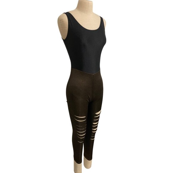 Black & Brown Sleeveless Leotard Jumpsuit With Distressed Leggings - Picture 2 of 6